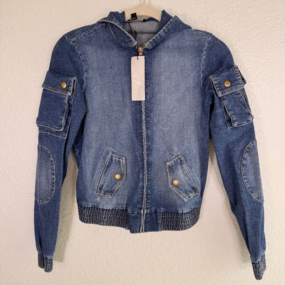 Sky Y2K Denim Jacket Womens XS Cargo Pockets Utility Crop Bomber Hooded Vintage
